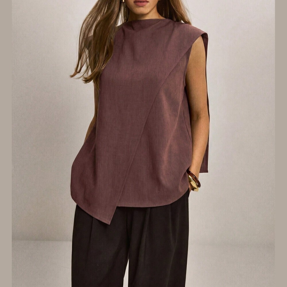 Mauve Brown Asymmetric Wrap Front Stand Collar Sleeveless Vest